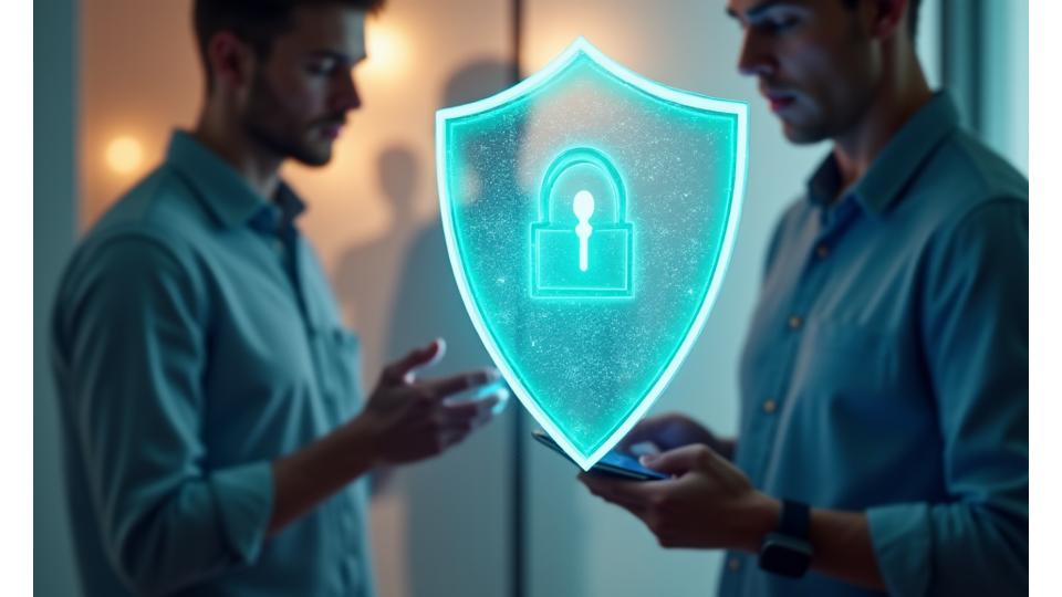 Un escudo digital estilizado con un icono de candado, simbolizando seguridad y protección de datos, sobre un fondo suave y borroso de figuras humanas interactuando con dispositivos de bienestar.