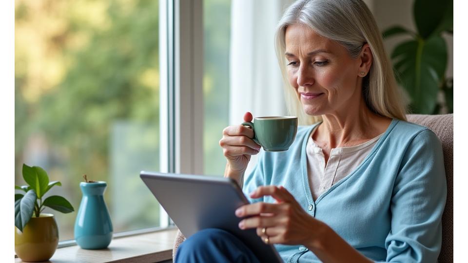 Mujer adulta disfrutando de un té leyendo un artículo de bienestar en una tableta, simbolizando tranquilidad y conocimiento.