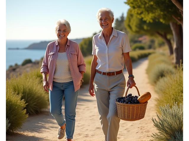 Pareja adulta mayor activa caminando en un parque, con un estilo de vida saludable y feliz, simbolizando vitalidad y longevidad.