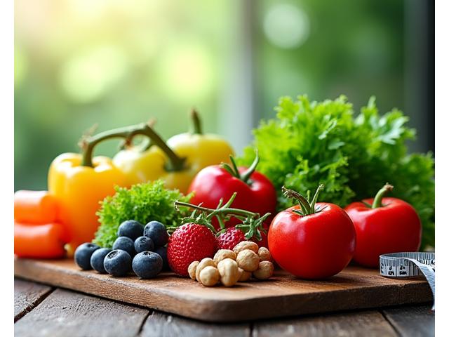 Alimentos coloridos y saludables sobre una tabla de cortar, simbolizando nutrición y bienestar.