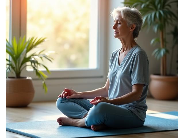 Hombre adulto meditando tranquilamente en un entorno natural, simbolizando paz mental y reducción del estrés.