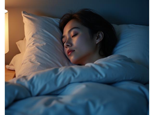 Persona durmiendo plácidamente en una cama limpia y cómoda, con luz suave, simbolizando sueño profundo y reparador.