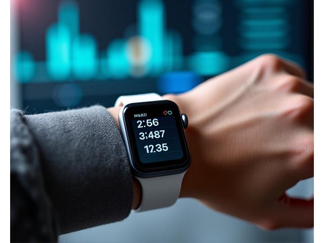 Muñeca con un reloj inteligente mostrando datos de salud, con gráficos de actividad al fondo, simbolizando tecnología wearable y seguimiento de la salud.