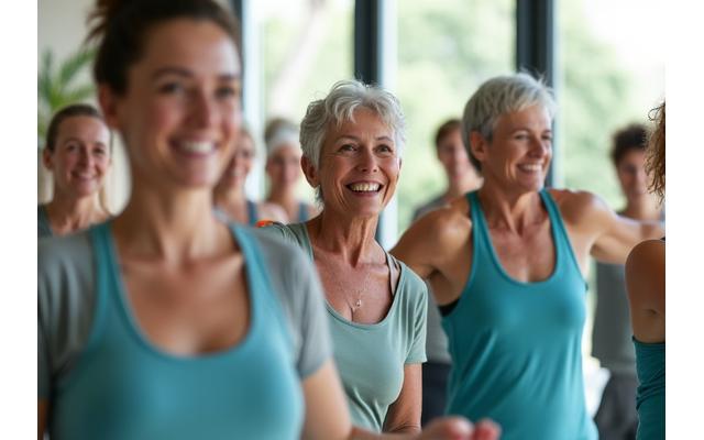 Mujeres y hombres de mediana edad realizando ejercicios suaves en un espacio abierto y luminoso, con colchonetas de yoga y pequeñas pesas, en un ambiente amigable y motivador