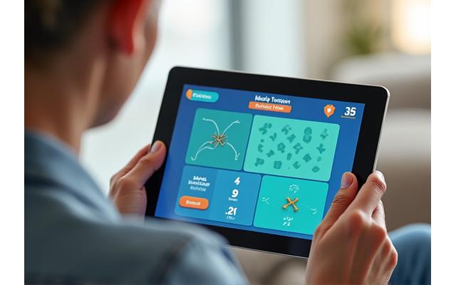 Persona de mediana edad interactuando con una interfaz de juego cognitivo en una tablet, con gráficos coloridos y atractivos de puzzles mentales, en un entorno luminoso y moderno