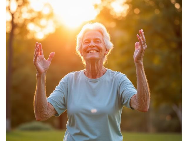 Mujer sonriente de 75 años practicando yoga al aire libre, irradiando vitalidad y bienestar