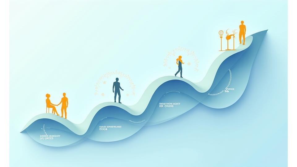 Representación de un diagrama de flujo o timeline con hitos y puntos de evaluación, mostrando un progreso hacia una vida más larga y plena, con iconos que simbolizan salud física, mental y social