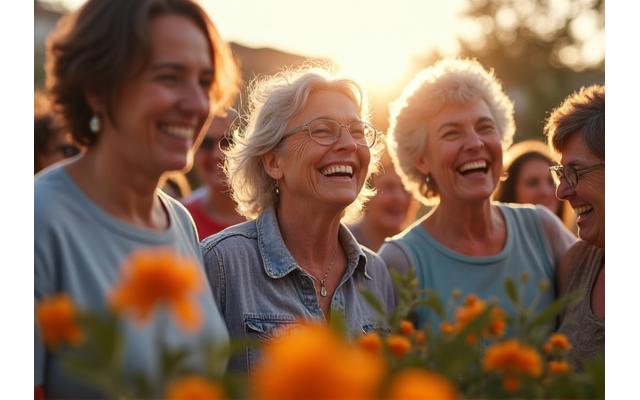 Grupo de adultos mayores riendo y participando en una actividad comunitaria en un parque de Valencia, con el arte de las Fallas en el fondo, simbolizando alegría y conexión