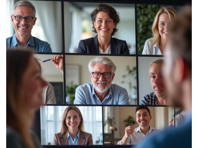 Grupo diverso de adultos interactuando en un foro virtual, simbolizando la comunidad de apoyo de Vida Serena.