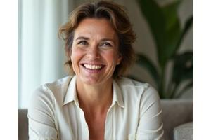 Foto de Ana, mujer en sus 40s, con una sonrisa radiante y ropa cómoda, reflejando su alivio de la hinchazón