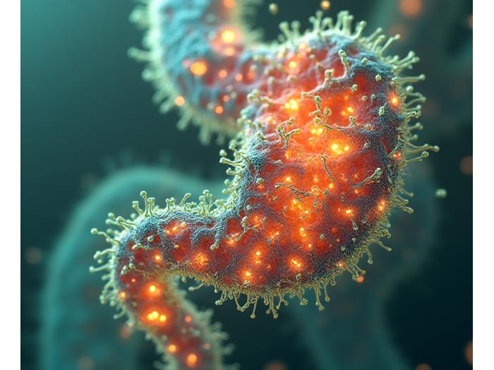 Representación científica y artística del microbioma intestinal humano, con diferentes tipos de bacterias y su interacción, destacando la salud digestiva