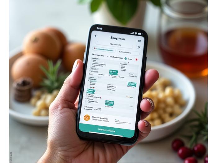 Representación de la aplicación de planificación de comidas de Vida Serena en un smartphone, mostrando un calendario de comidas y una lista de la compra