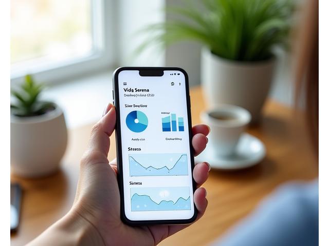 Mockup de la aplicación móvil de Vida Serena mostrando métricas de salud