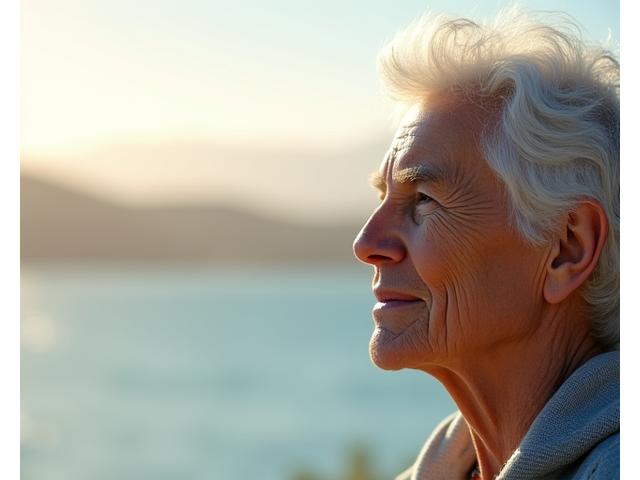 Una persona de edad mediana con expresión serena o meditativa en un entorno pacífico y luminoso, simbolizando aceptación y paz con el envejecimiento.
