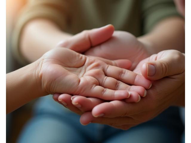 Manos de diferentes generaciones (abuelo, adulto, niño) juntas, simbolizando el apoyo y la carga del cuidador.