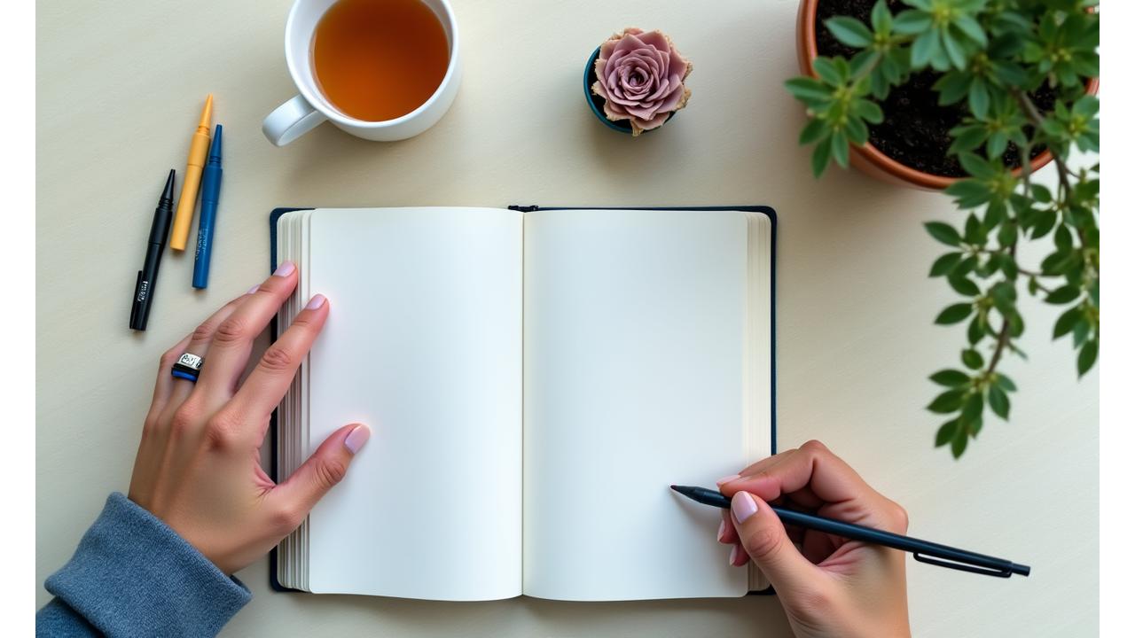 Una persona adulta escribiendo en un diario, con lápices de colores y un ambiente de estudio tranquilo, simbolizando la reflexión y autogestión emocional.
