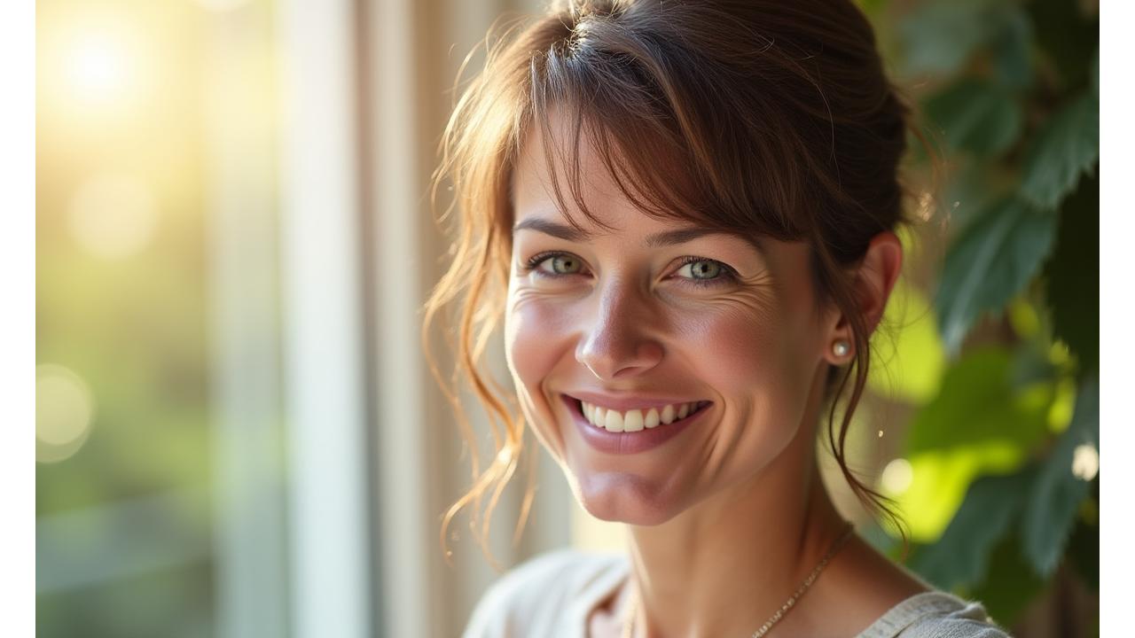 Mujer adulta sonriendo, relajada, con un ambiente de calma y naturaleza en el fondo. Simboliza paz mental.