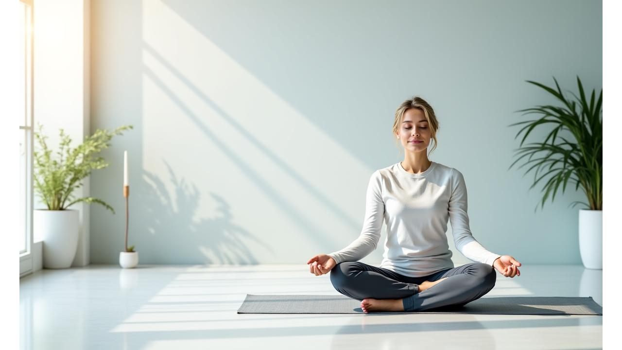 Una persona sentada tranquilamente en posición de meditación en un entorno minimalista y sereno, con colores suaves y luz natural.