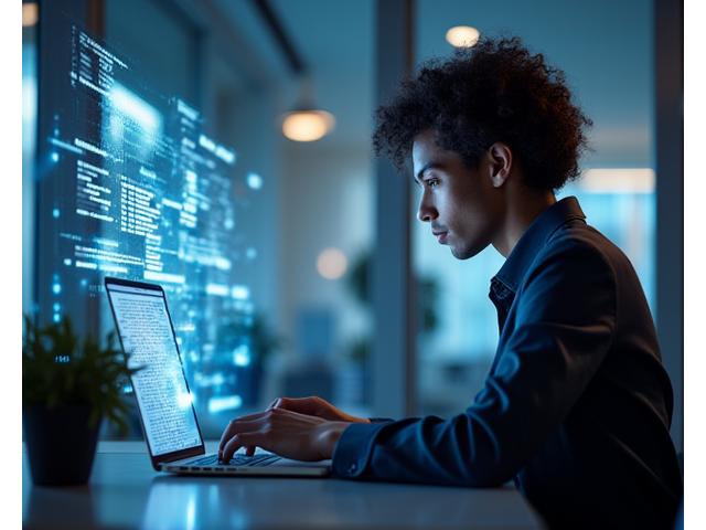 Una persona trabajando concentrada frente a un ordenador, con gráficos y datos abstractos en segundo plano, simbolizando el estrés laboral.
