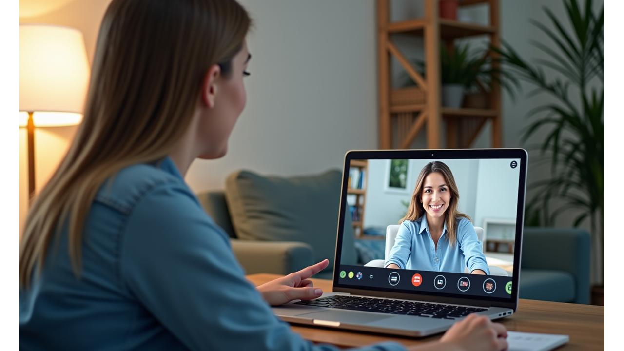 Un terapeuta calmado y empático interactuando de forma acogedora con un cliente en una videollamada, simbolizando el apoyo profesional online.