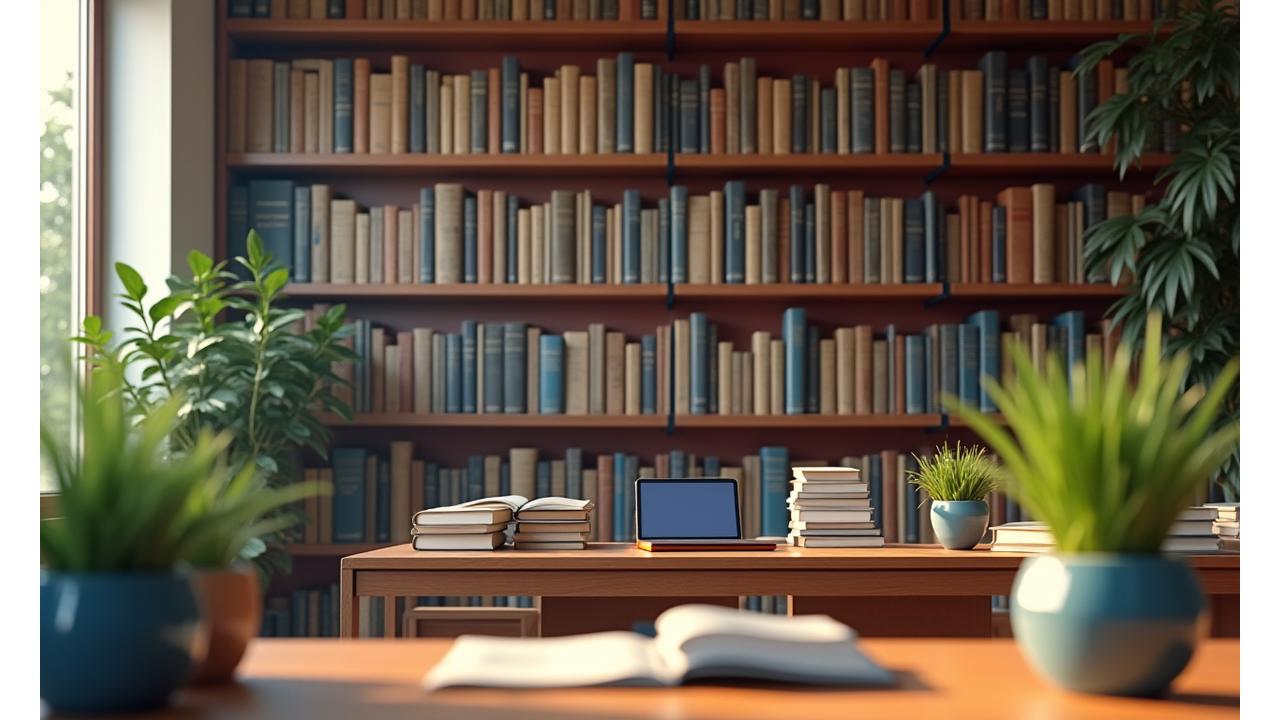 Una estantería moderna y organizada llena de libros, con plantas y elementos decorativos que transmiten calma y conocimiento. Simboliza una biblioteca digital de recursos.