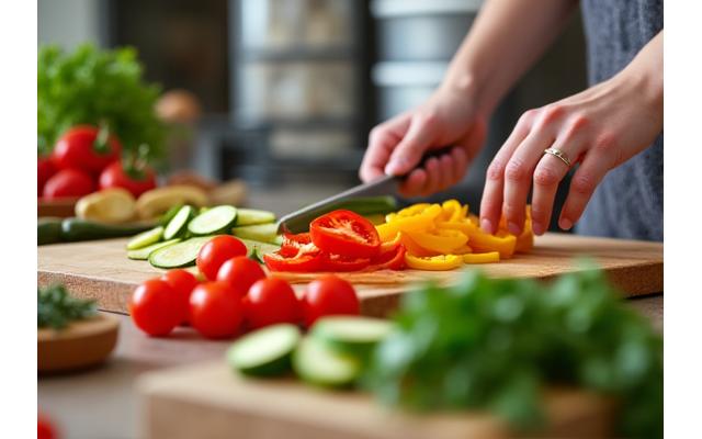 Manos cortando vegetales frescos en una tabla de cortar, con varios ingredientes listos para cocinar.