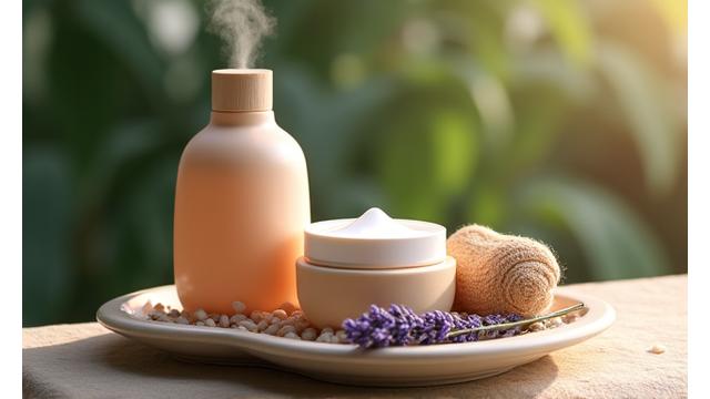 Variedad de productos de cuidado personal natural como aceites esenciales, cremas orgánicas y velas aromáticas, dispuestos artísticamente en un baño limpio y espacioso, transmitiendo calma y lujo natural.