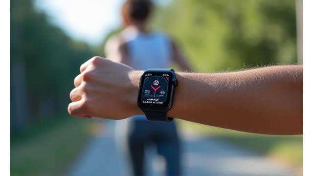 Smartwatch moderno en una muñeca, mostrando datos de salud como ritmo cardíaco, con un fondo ligeramente desenfocado de una persona activa al aire libre. La imagen transmite tecnología y bienestar.