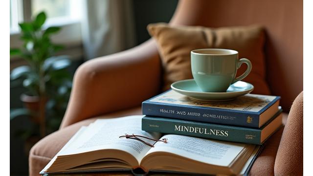 Pila de libros abiertos sobre longevidad, nutrición y bienestar, con una taza de té humeante y gafas de lectura en una mesa cómoda, evocando aprendizaje y tranquilidad.