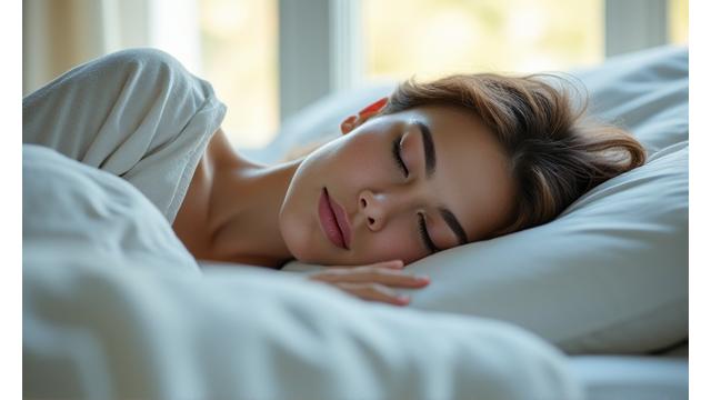 Persona de mediana edad durmiendo plácidamente en una cama con sábanas blancas y almohadas mullidas, con una luz tenue y cálida en la habitación, evocando tranquilidad y confort.