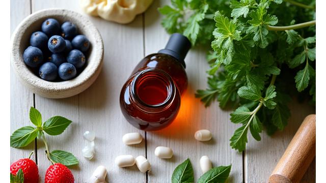 Frascos de suplementos naturales como omega-3 o probióticos junto a ingredientes naturales como bayas y hierbas, sobre una mesa de madera clara con luz suave y natural.