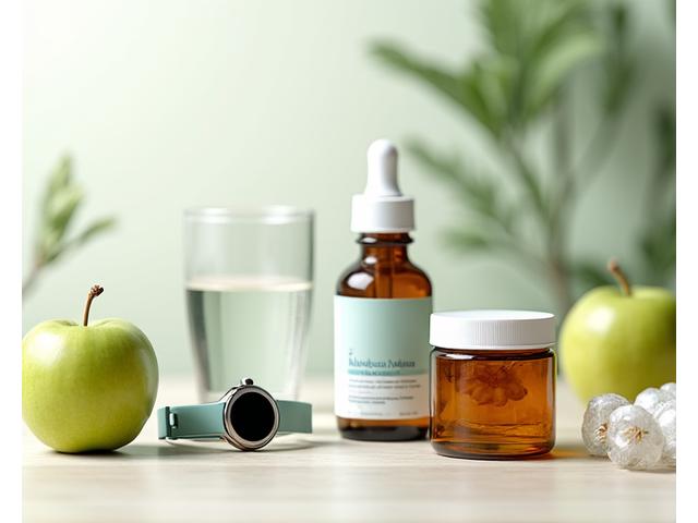 Colección de productos de bienestar cuidadosamente seleccionados, incluyendo suplementos, dispositivos y alimentos saludables, dispuestos elegantemente sobre una superficie de madera clara, con una manzana verde fresca y hojas. La iluminación es suave y natural.